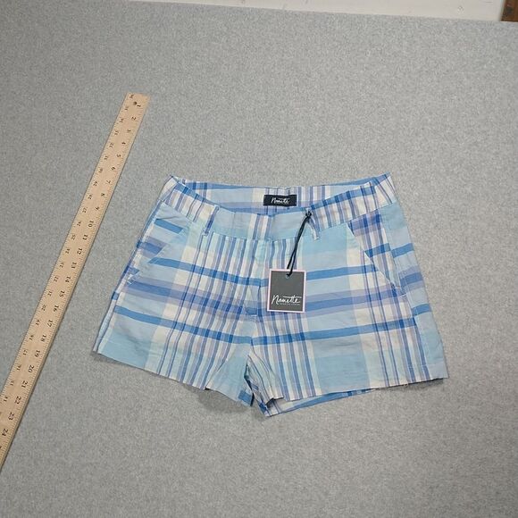 NWT Nanette Lepore Woman's SZ 7 Checked High Waist Pull On Shorts Blue White - Picture 1 of 6